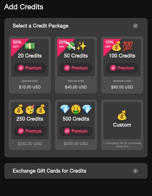 SextPanther credit packages: 20 credits $10, 50 credits $40, 100 credits $90, 250 credits $250, 500 credits $500, and a custom option