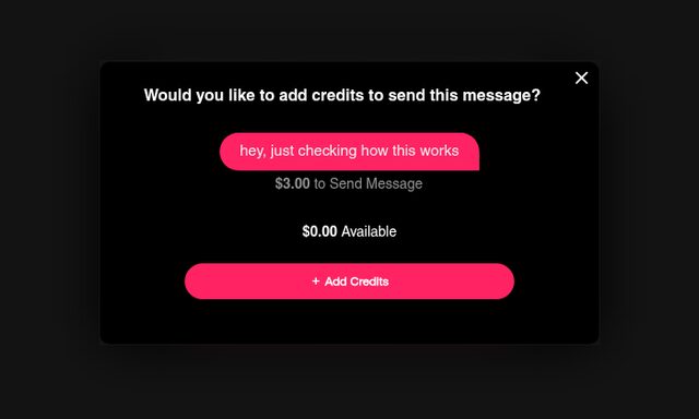 SextPanther pop-up asking to add credits, showing $3.00 to send a message and $0.00 available